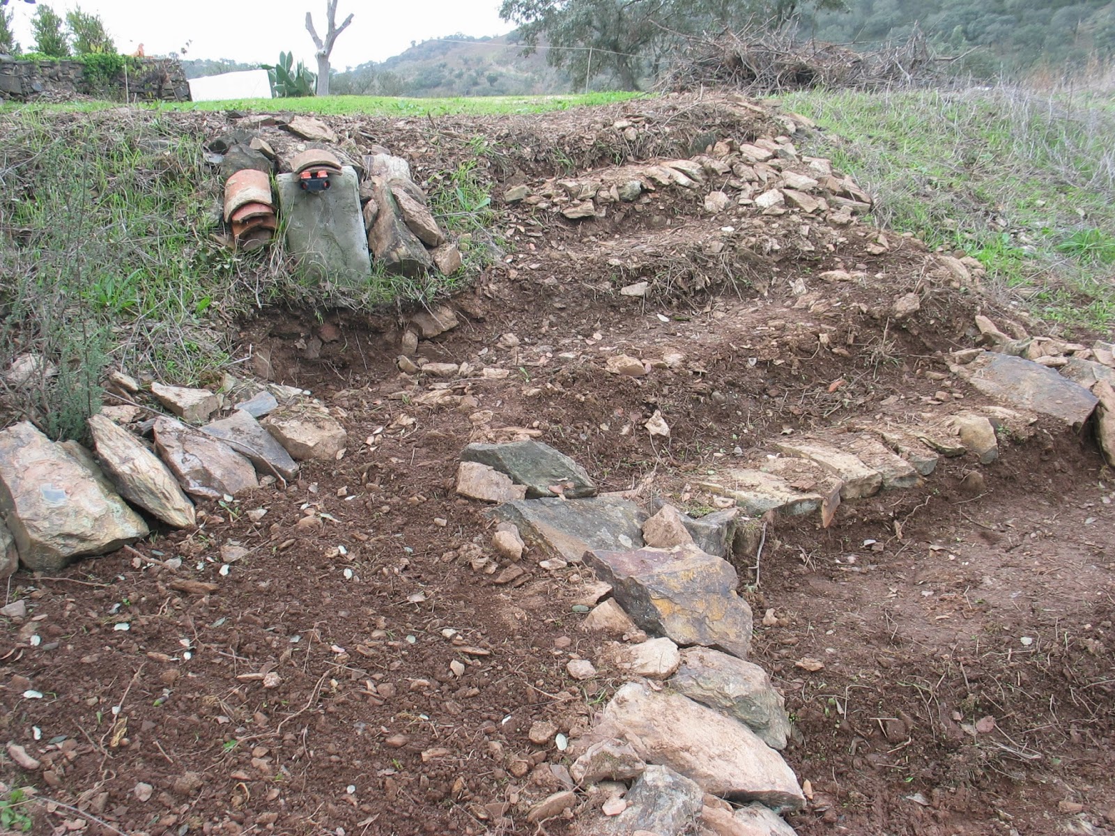Hestel tellus compost boerderij portugal: een tuin in de alentejo. Bedden met stenen muur achtergrond