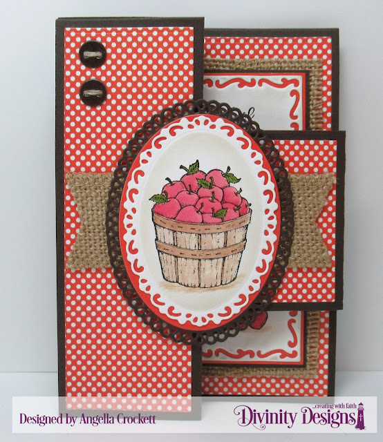 Divinity Designs: Fruit of the Spirit, Half-Shutter Card with Layers Dies, Ornate Ovals Dies, Ovals Dies, Sewing Kit Dies, Lavish Layers Dies, Old Glory Paper Collection, Card Designer Angie Crockett