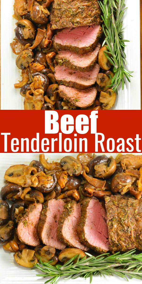 Tender Beef Tenderloin Roast with a delicious herb butter crust and easy to make sautéed mixed mushrooms is an elegant yet easy to make recipe that melts in your mouth from Serena Bakes Simply From Scratch.