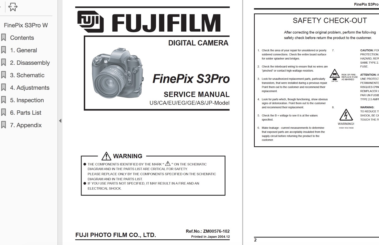 FUJIFILM FinePix S3 Pro Zoom Digital Camera Service Repair Manual