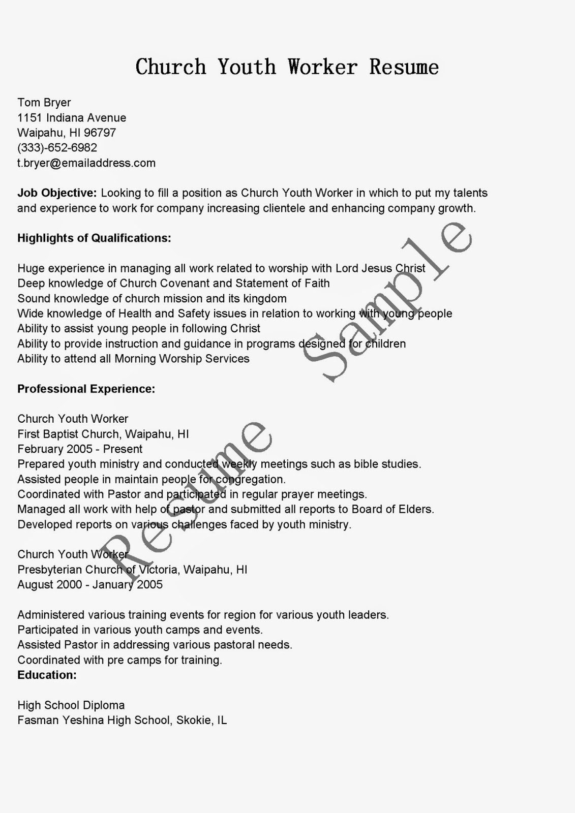 Youth Resume Sample