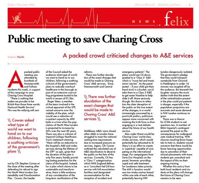 SAVE OUR HOSPITALS Public meeting to save Charing Cross A packed