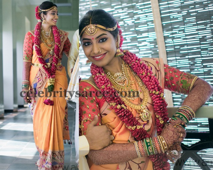 Bride in Peach Color Pythani Sari - Saree Blouse Patterns