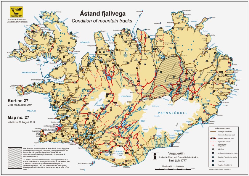 Carte de la zone évacuée pendant la crise sismique du volcan Bardarbunga (Bárðarbunga)