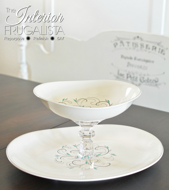 Easy two tiered DIY Cake Stand made with vintage Johnson Bros English China.
