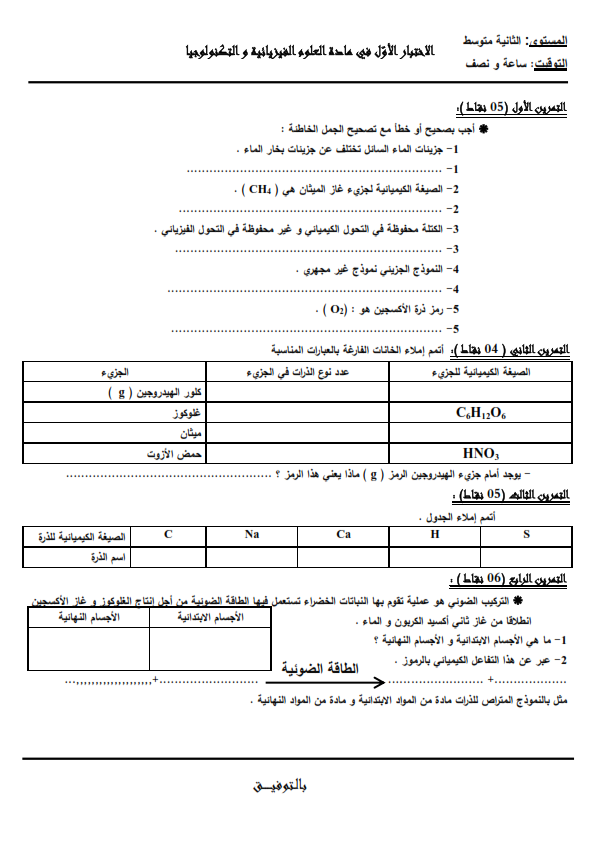 الصيغة الكيميائية لجزيء غاز الميثان هي CH4, حمض الأزوت رمز ذرة الأكسجين هو O2, غلوكوز C6H12O6, انطلاقا من غاز ثاني أكسيد الكربون و الماء