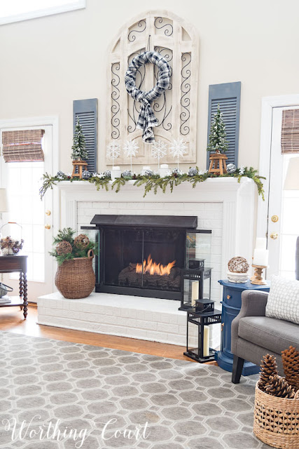 winter white fireplace mantel decorating