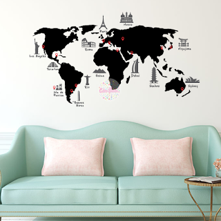 vinilo decorativo mapamundi planisferio monumentos ciudades pared