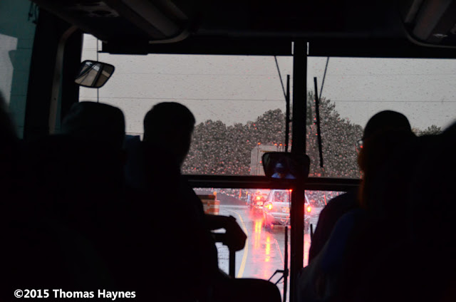 View of rain on bus windshield View of rain on bus windshield