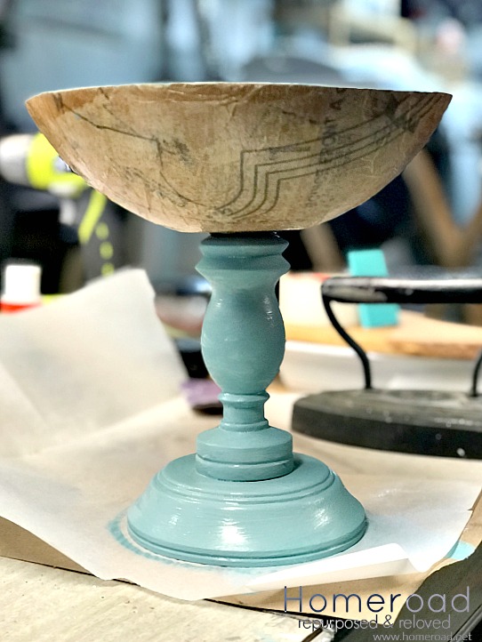 Making a DIY Spring blue decoupaged wooden pedestal bowl