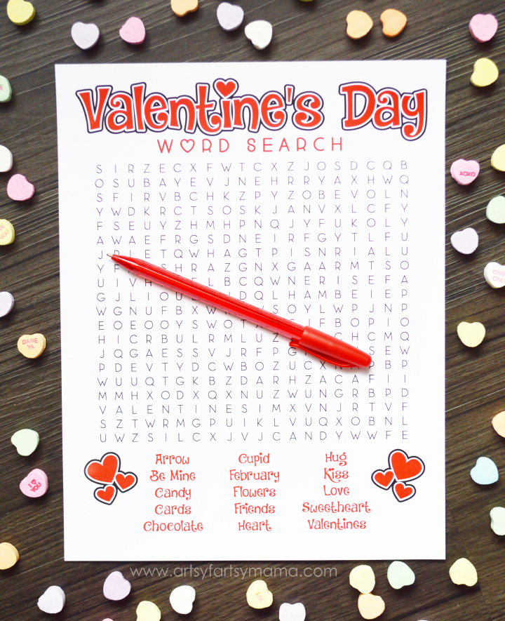 Free Printable Valentine's Day Word Search at artsyfartsymama.com #ValentinesDay #printable