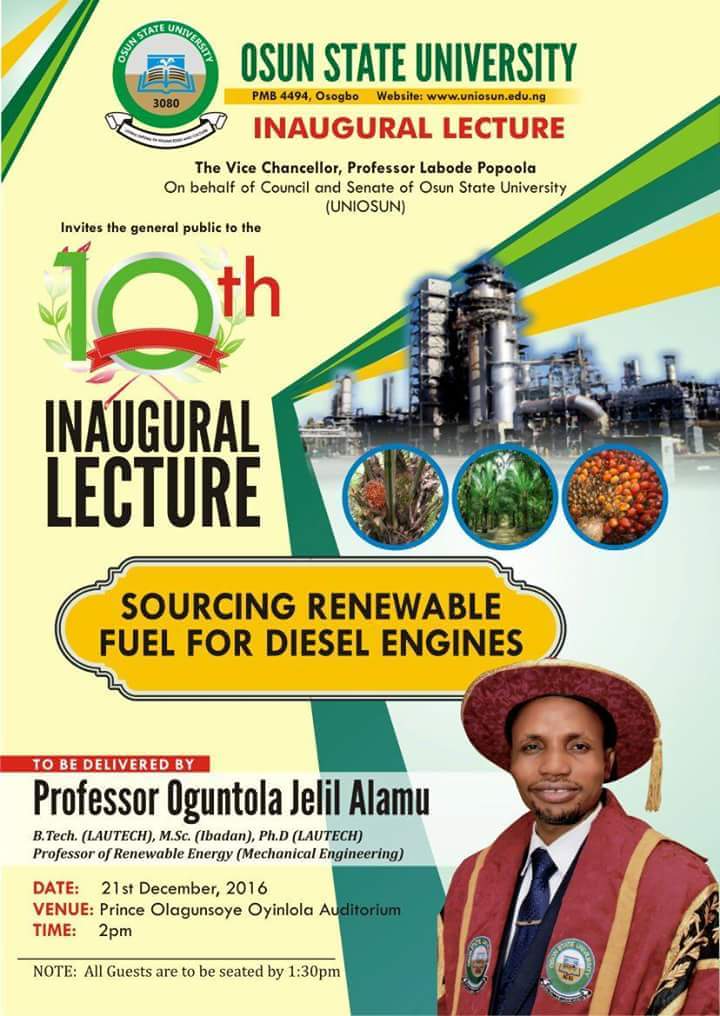 Sourcing Renewable fuel for Diesel Engines: Professor Jelili Alamu Oguntola to Deliver Osun State 10th Inaugural Lecture