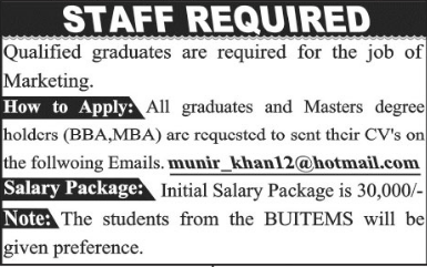 Qualified graduates are required for the job of Marketing. 