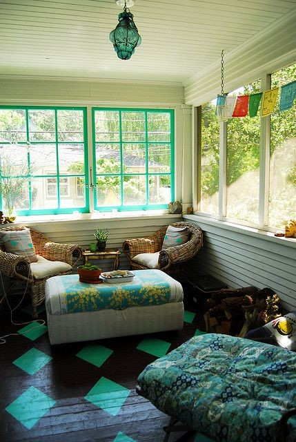 Dreams of a boho summer as a countdown to spring - painted floor sunroom www.BoHoHome.com @bohosusan