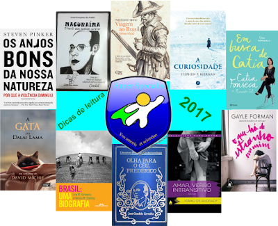 Descrição da imagem: Trata-se de uma montagem em que as capas dos livros sugeridos aparecem juntas, formando um círculo. No centro, está nosso logotipo e ao seu lado, lê-se: "Dicas de leitura 2017".