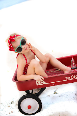Kids 50's style, retro coca-cola photo shoot. Retro swimsuit and headband. Beach picture ideas