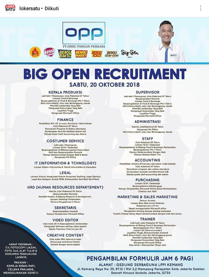 Info lowongan kerja di PT Onsu Pangan 15 Posisi tersedia