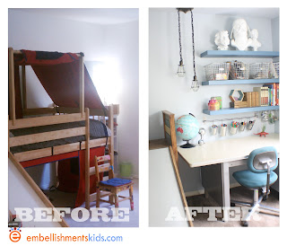 Before and after ideas from a boy's bedroom makeover Customized bed from faux reclaimed wood. Makeover ideas.