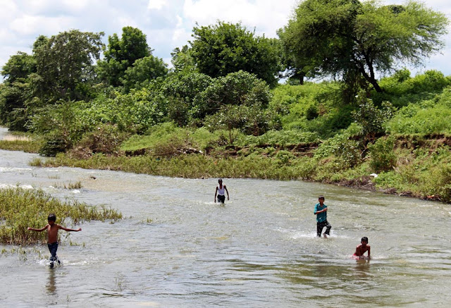 children having fun playing in the river