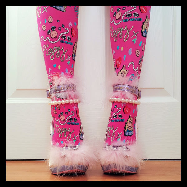 Irregular Choice All About Moi front wearing All About Moi Miss Piggy shoes and pink patterned tights by Irregular Choice