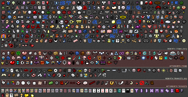 list of all of the icons representing the hundreds of items and tarot cards available in Binding of Isaac.