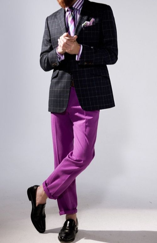 radiant orchid pants with plaid dark jacket