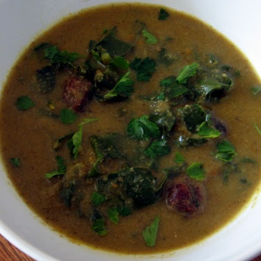 broccoli meatball soup with beet greens