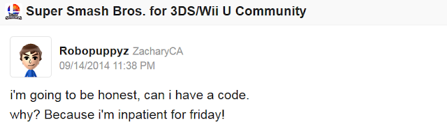 Miiverse Super Smash Bros. For 3DS demo code begging impatient
