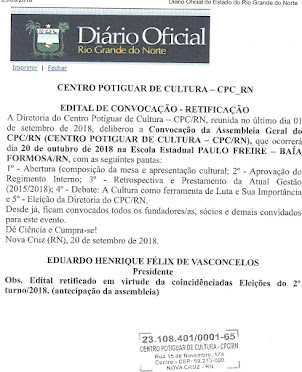 ASSEMBLEIA DO CPC/RN SERÁ DIA 22/10 EM BAÍA FORMOSA/RN