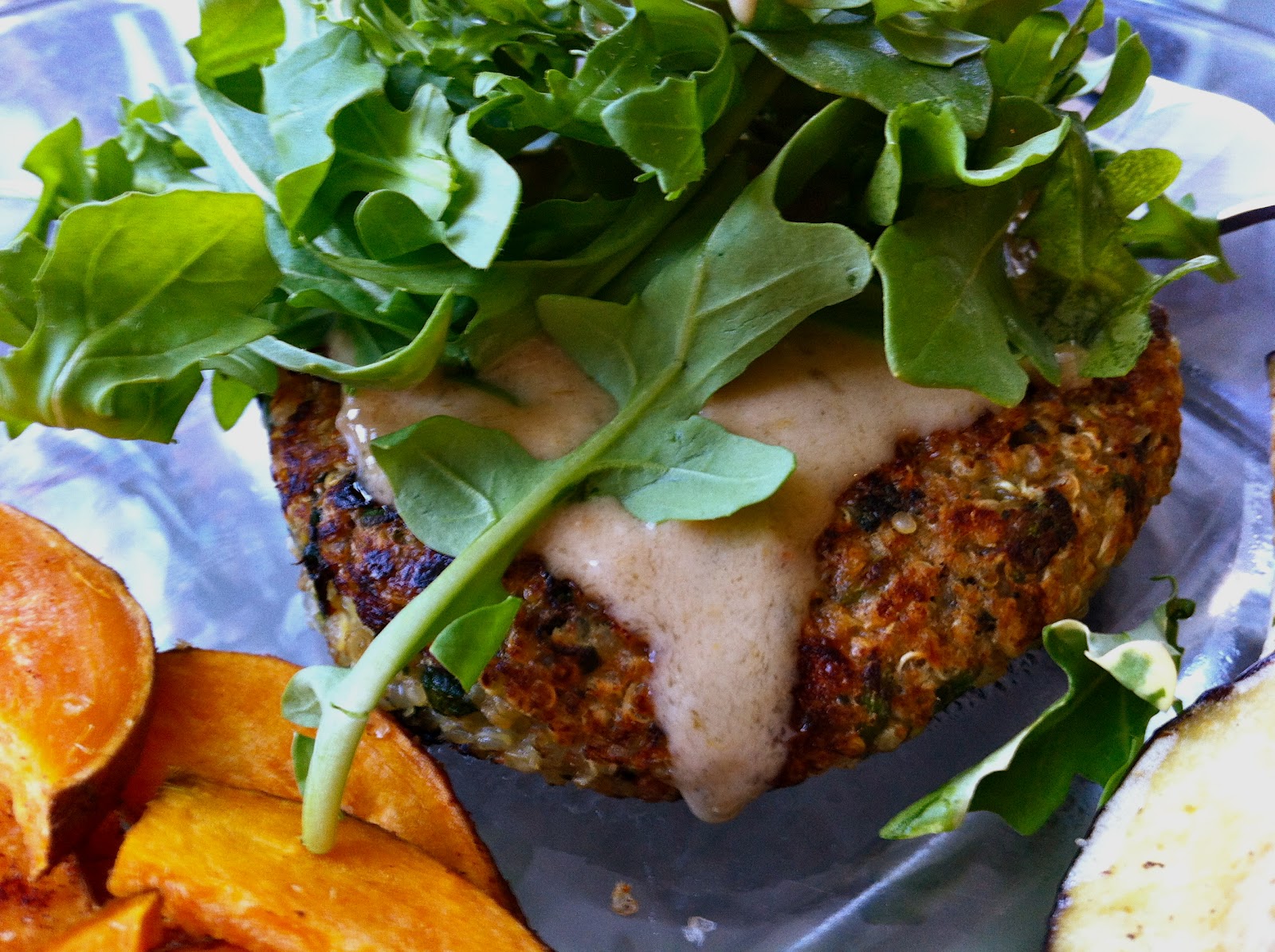 A Girl and her Food Processor Spinach & Quinoa Patties with Arugula & PanFried Eggplant