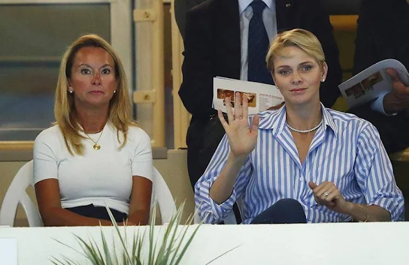 Prince Albert II and Princess Charlene attends the 34th International Swimming Meeting Mare Nostrum in Monte Carlo, Monaco. Princess Charlene of Style, Fashions