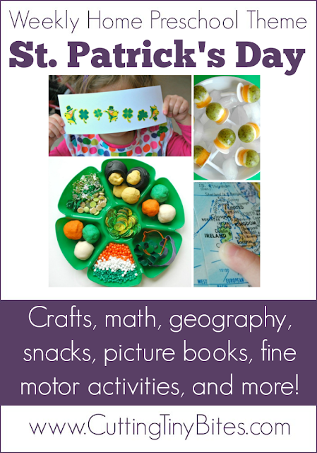St. Patrick's Day Theme- Weekly Home Preschool. Ideas for crafts, snacks, fine motor, science, math, geography, and more! Perfect amount of EASY activities for one week of homeschool preschool.