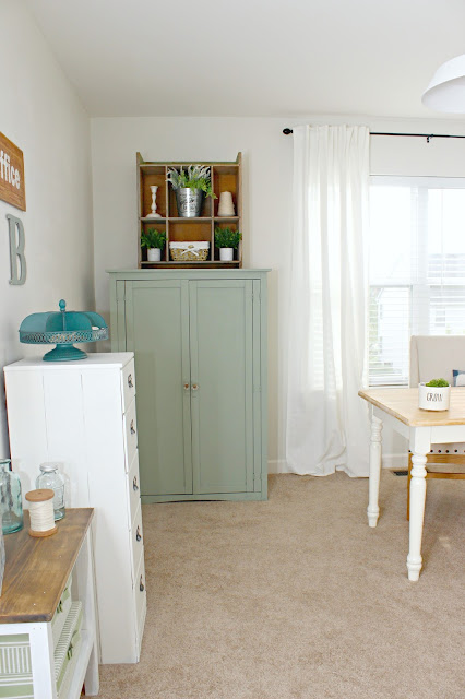 Farmhouse Office and Craft Room Makeover. Beautiful farmhouse desk, a craft closet, and a dreamy wall shelf!