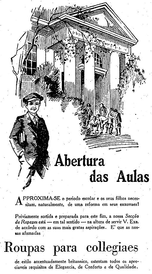 Propaganda da loja de departamentos Mappin apresentando a linha de uniformes para a volta às aulas em 1930.