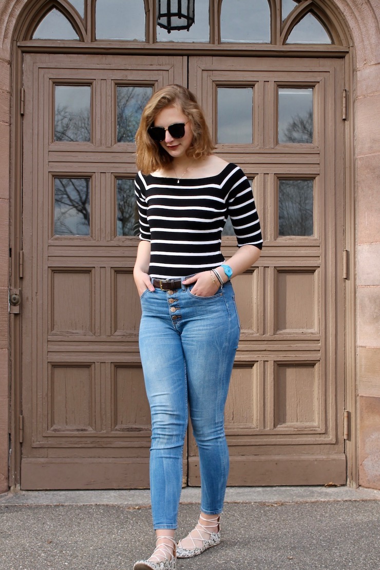 casual spring outfit with jeans and a striped black and white 3/4 sleeve shirt #ootd