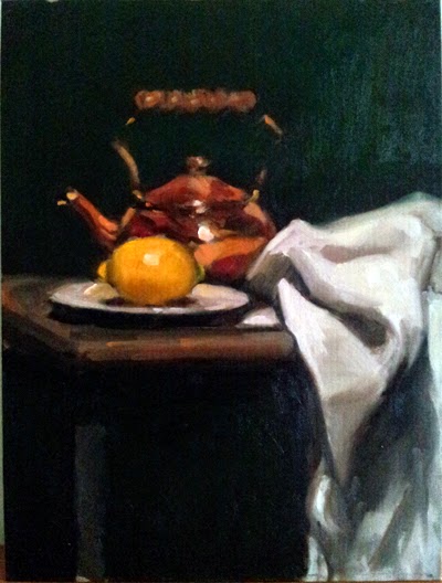 Oil painting of a lemon on a white plate, a copper kettle on a table, with a draped cloth beside.