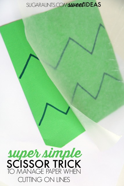 Teach Kids to Cut with Scissors using this easy trick that helps kids learn to use their non-dominant hand to turn and hold the paper during scissor skills.