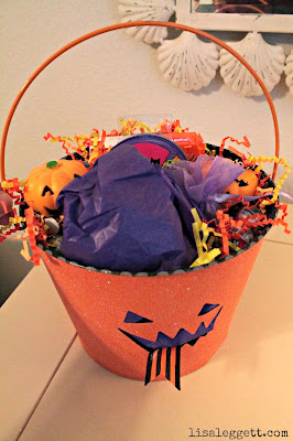 Trick or Treat pail, stuffed with goodies, ready to go!