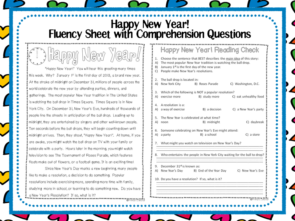 My new story. New year story. New year reading Comprehension. New year questions. Questions about New year.