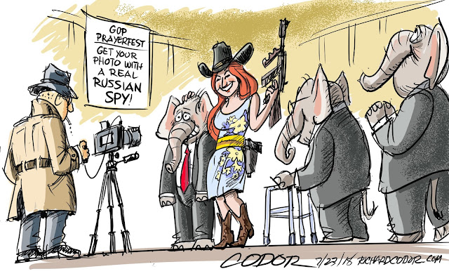 Sign on wall:  GOP Prayerfest!  Have your picture taken with a Russian spy!  Image:  Line of Republican Elephants waiting to be photographed with busty red-haired woman holding a rifle.