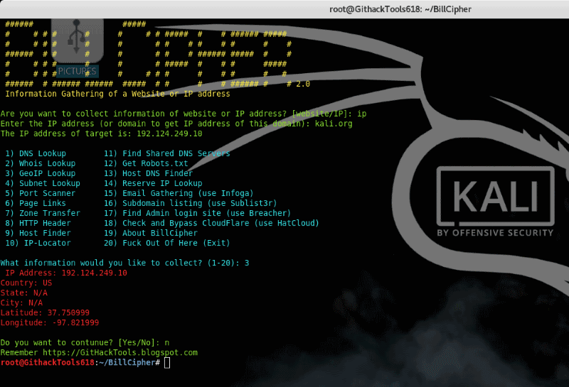 BillCipher - Information Gathering tool for a Website or IP address