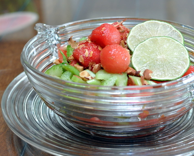 Watermelon & Celery Salad @ AVeggieVenture.com, bright with lime, sweet with honey, a great summer combo. Vegan, naturally gluten free, Weight Watchers PointsPlus 3