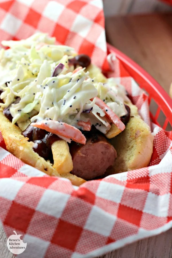 Polish Boy Sandwich | by Renee's Kitchen Adventures - easy recipe for a classic Cleveland taste! Kielbasa, fries, slaw and BBQ sauce all in one delicious sandwich! #SundaySupper 