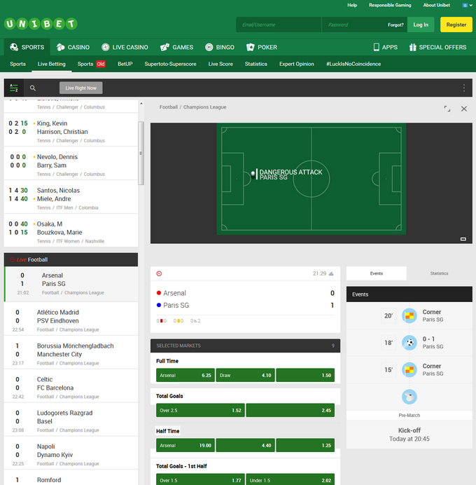 Unibet Live Betting Unibet Screen