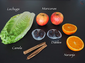 Batido de fruta y verdura, con lechuga, manzana, naranja, dátiles y aromatizado con canela.