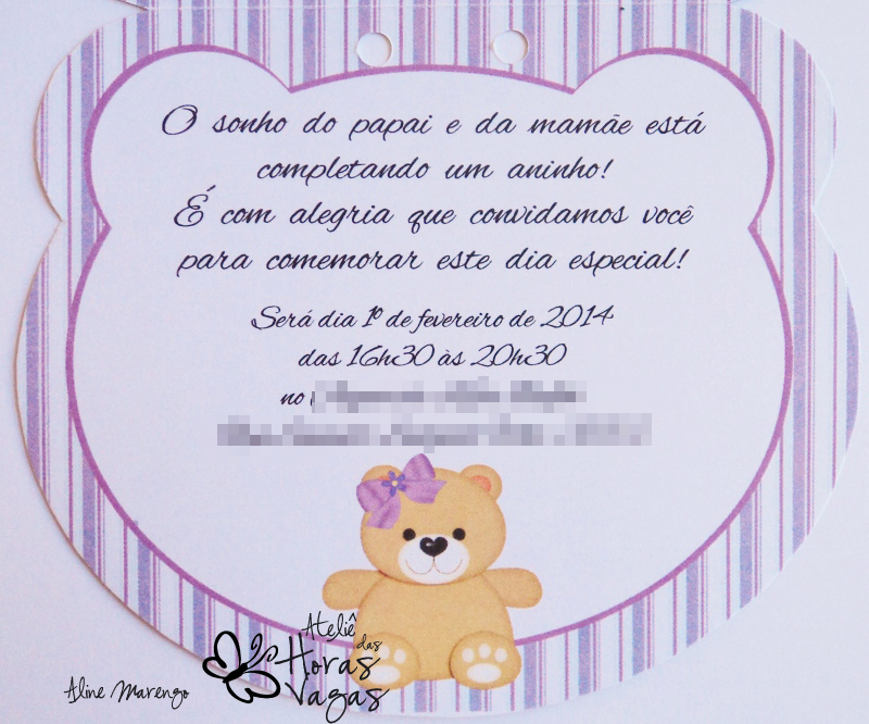convite aniversário infantil 1 aninho ursinho floral provençal lilás bebê delicado urso