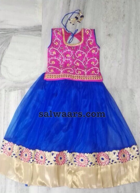 Blue and Pink Simple Net Lehenga - Indian Dresses