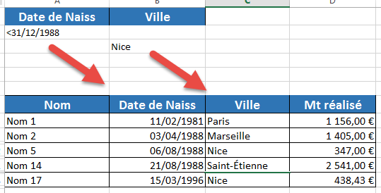 Exemple d'utilisation de deux critères avec la fonction OU