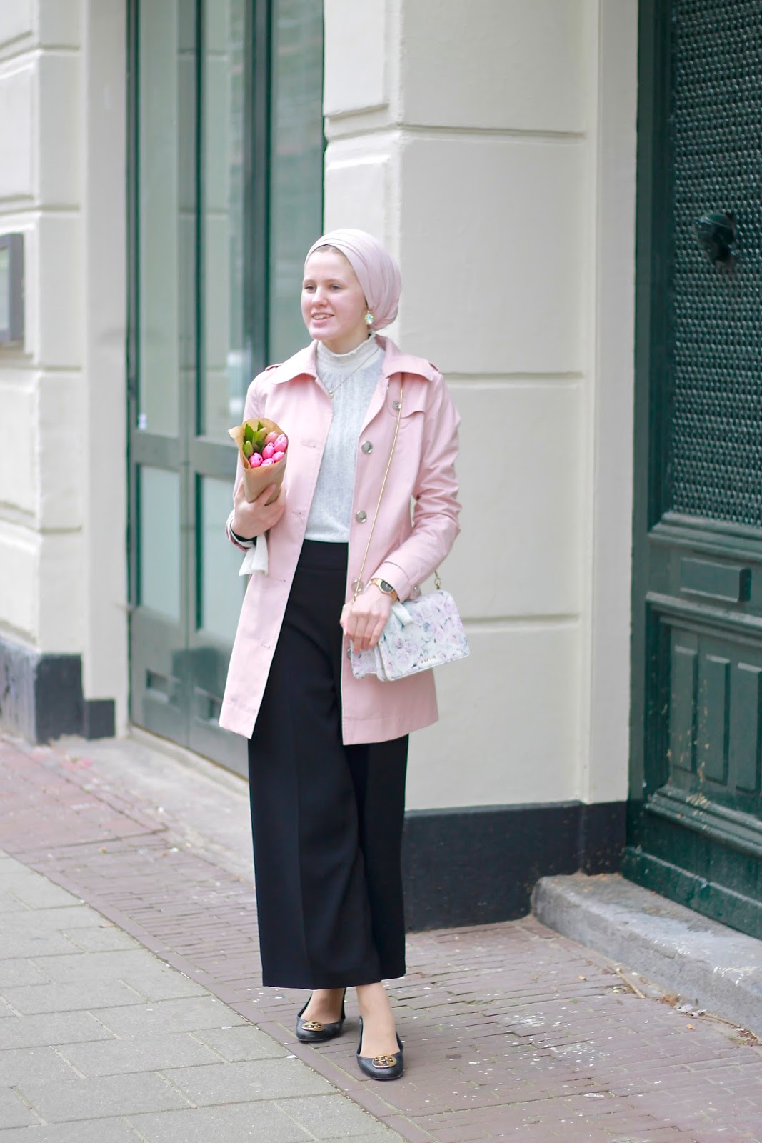 spring style, modest fashion, modest outfit, light pink trench coat,