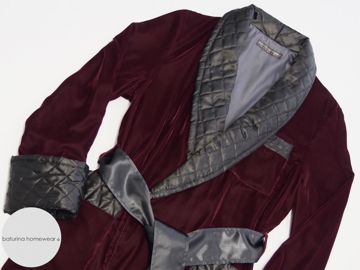 Long Red Velvet Men's Dressing Gown with Quilted Silk Shawl Collar